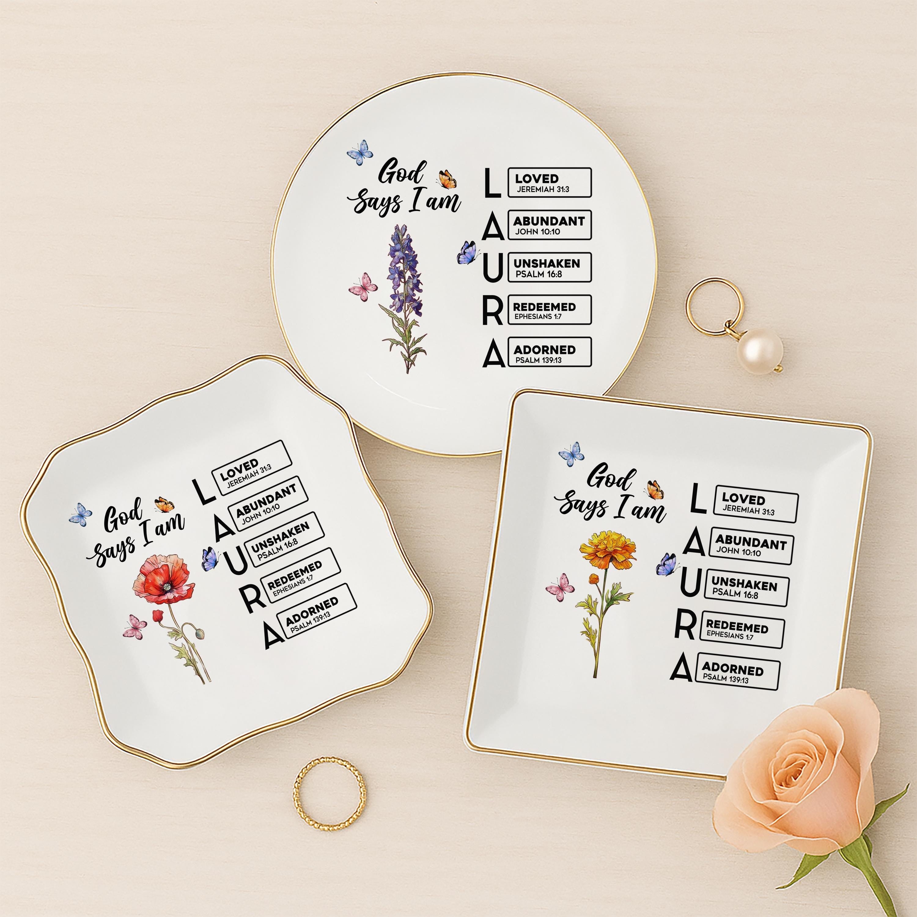 God Says I Am Name Letter In Bible Verse Jewelry Dish, Custom Scripture Gift for Women, Personalized Christian Jewelry Dish, Religious Gifts JDLAF03